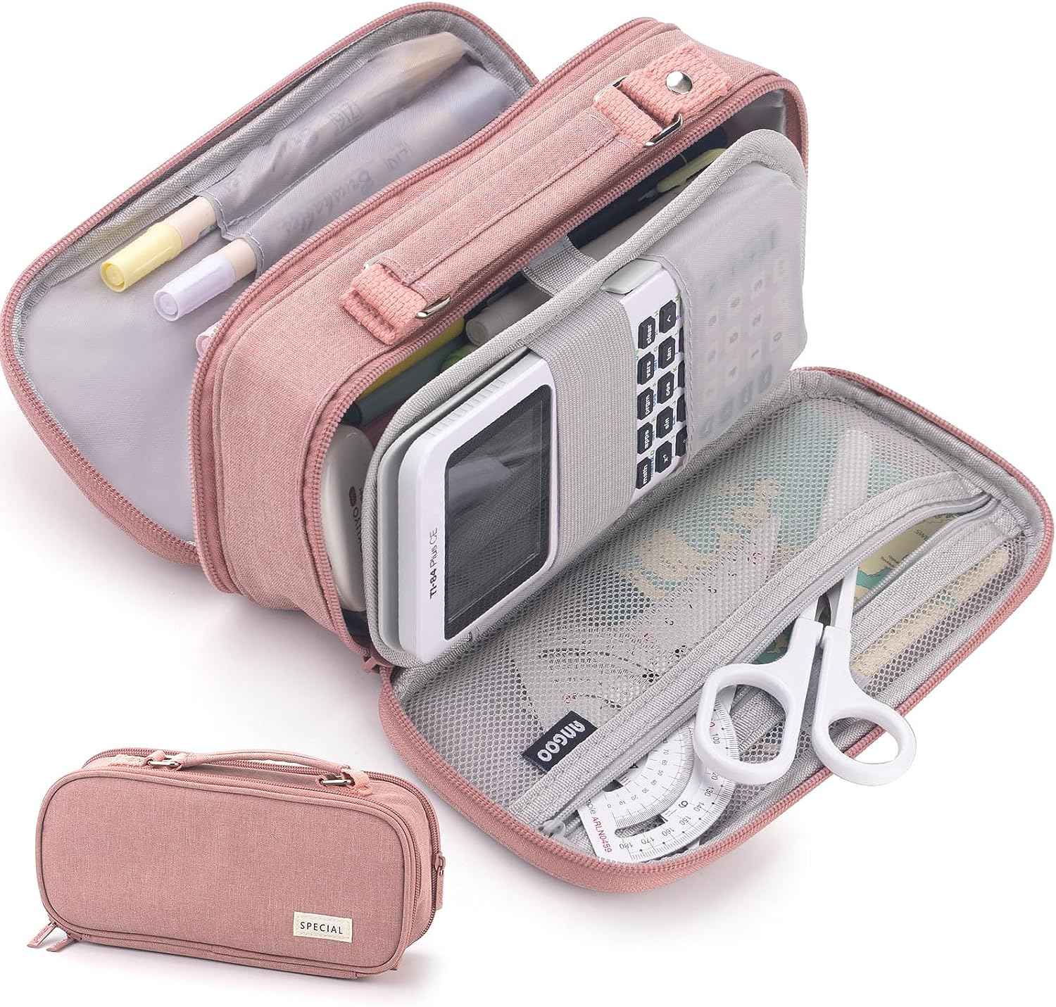 HVOMO Large capacity pencil case Pencil Pouch Double Zipper Storage Bag 3 Compartments Portable Multifunctional bag Desk Organizer School Marker Pen Casey(Dark Pink) - TTpen