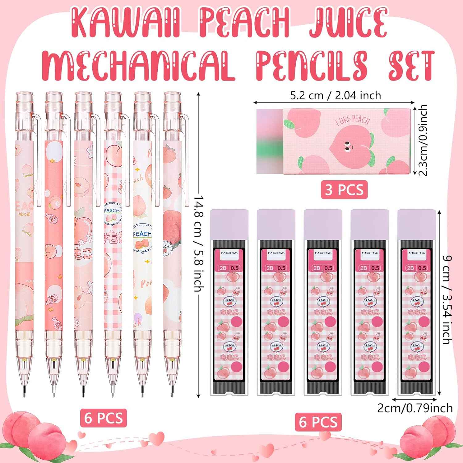 15pcs Peach Mechanical Pencils with 0.5mm Pencil Refills and Erasers - TTpen
