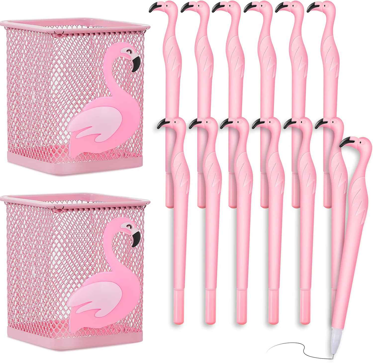 14Pcs Metal Flamingo Gel Pens and Pencil Holder Set Pink - TTpen