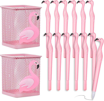 14Pcs Metal Flamingo Gel Pens and Pencil Holder Set Pink - TTpen