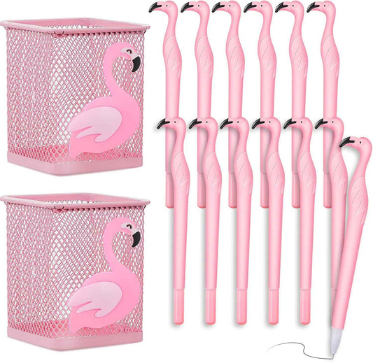 14Pcs Metal Flamingo Gel Pens and Pencil Holder Set Pink - TTpen