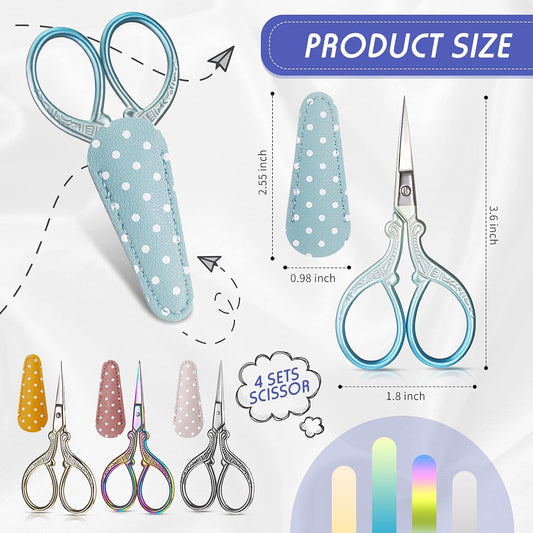 4Pcs Sewing Embroidery Scissors with Artificial Leather Cover 3.6 Inch