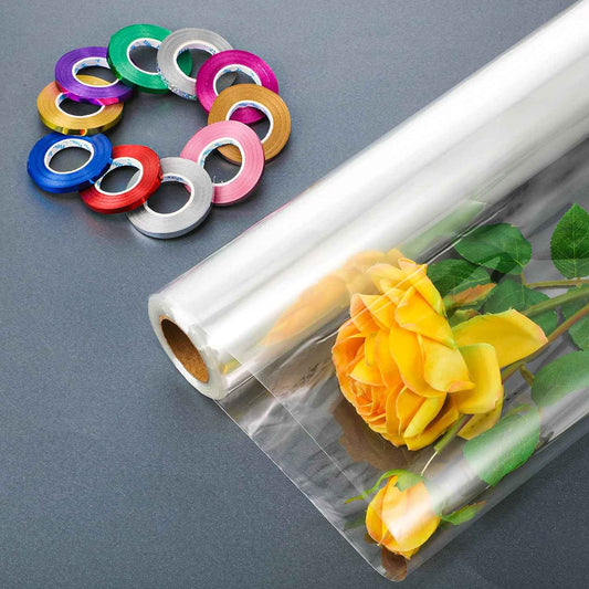 31.5 Inch x 100 Ft Gift Cellophane Wrap Roll with Colorful Curling Ribbon - TTpen