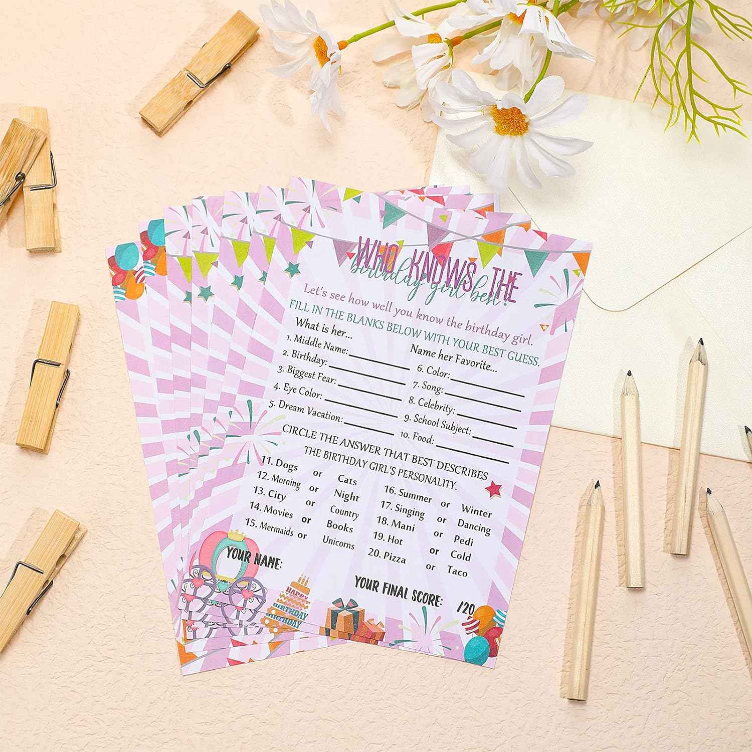 50 Pcs Birthday Party Activity Game Card Set with 20 Pcs Wood Pencils - TTpen