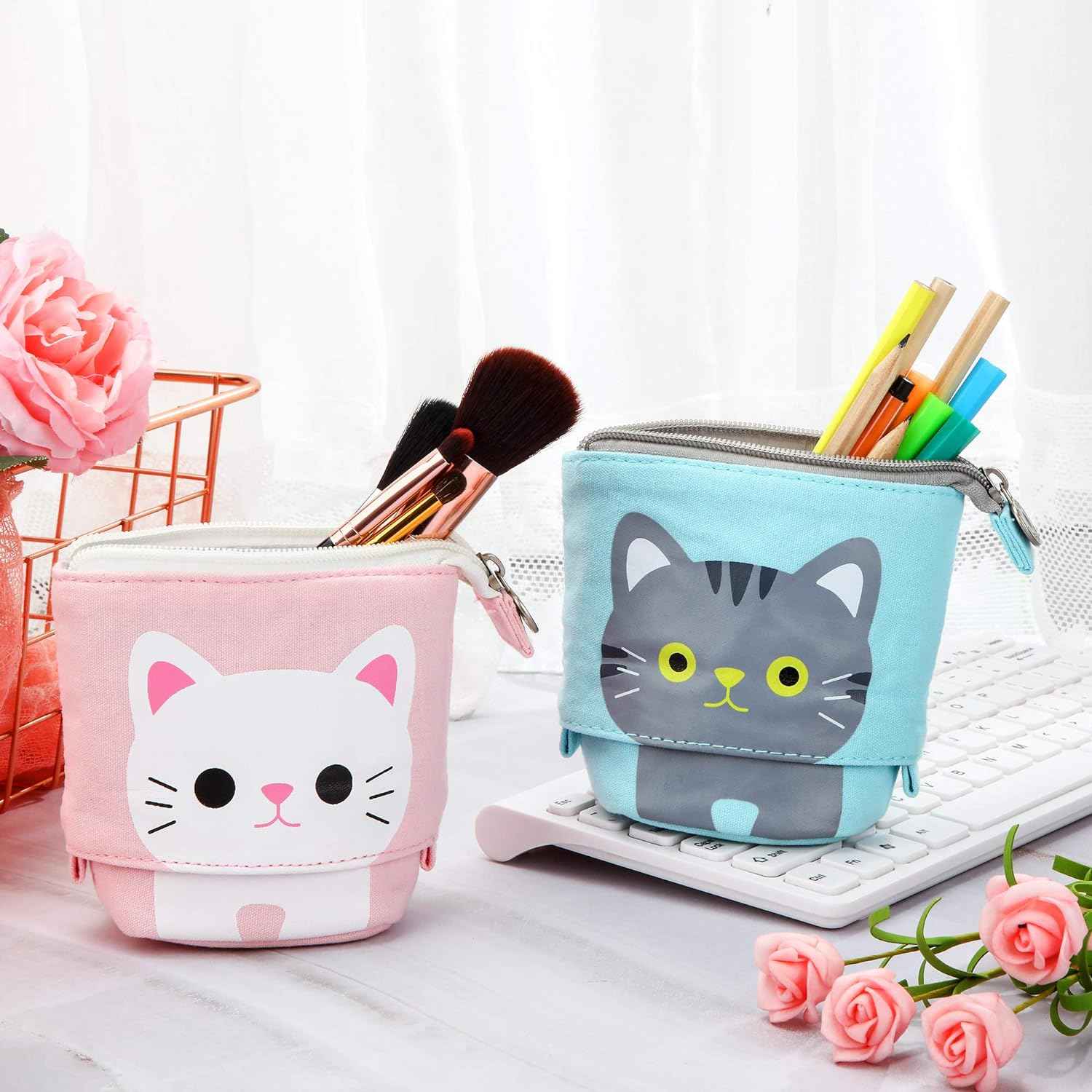 3pcs Telescopic Pencil Holder Canvas PU Cartoon Cute Cat - TTpen