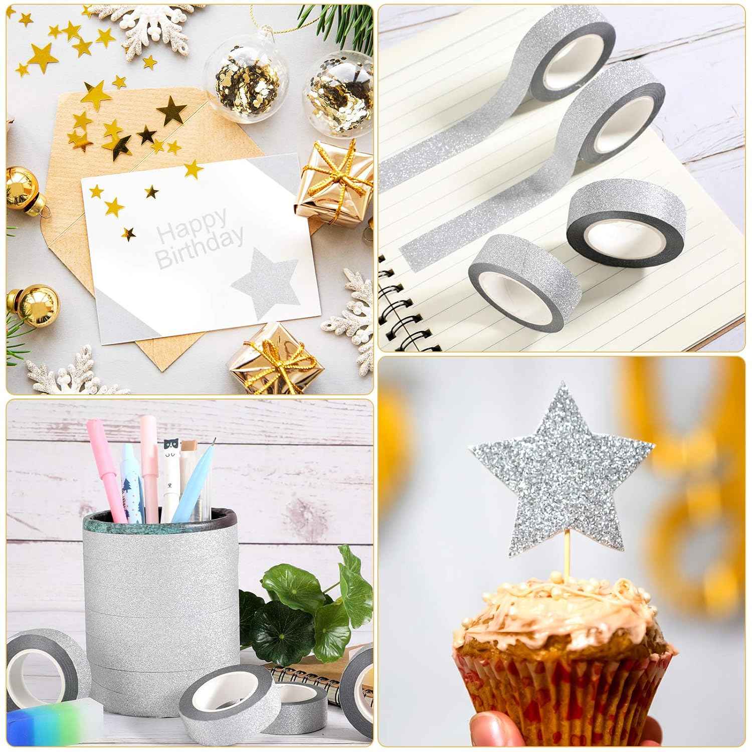 4 Rolls Silver Washi Tape Crafting Glitter Masking Tape - TTpen