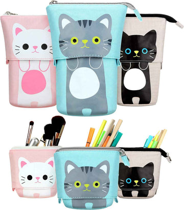 3pcs Telescopic Pencil Holder Canvas PU Cartoon Cute Cat - TTpen