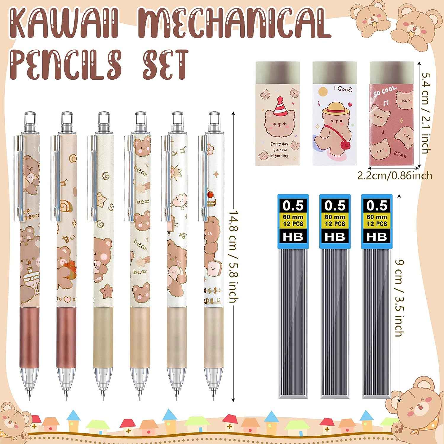 15pcs Bear Mechanical Pencils with 0.5mm Pencil Refills and Erasers - TTpen
