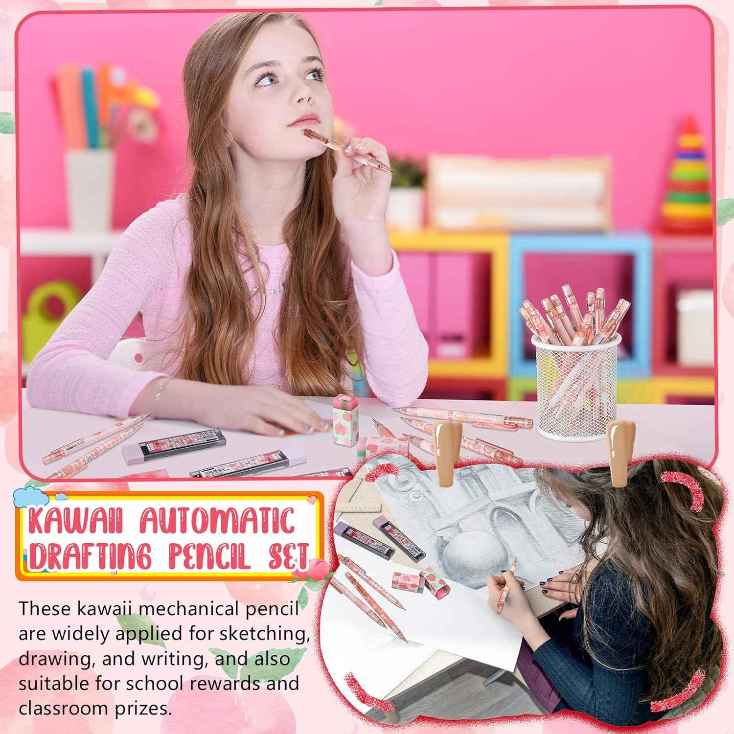 15pcs Peach Mechanical Pencils with 0.5mm Pencil Refills and Erasers - TTpen
