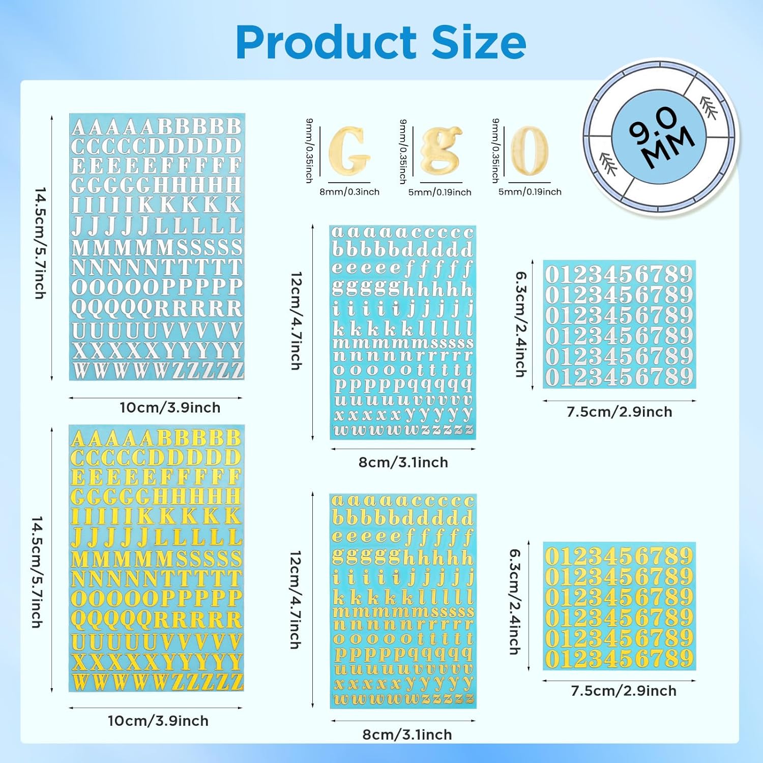 9mm Alphabet Number Stickers Self Adhesive 6 Sheets