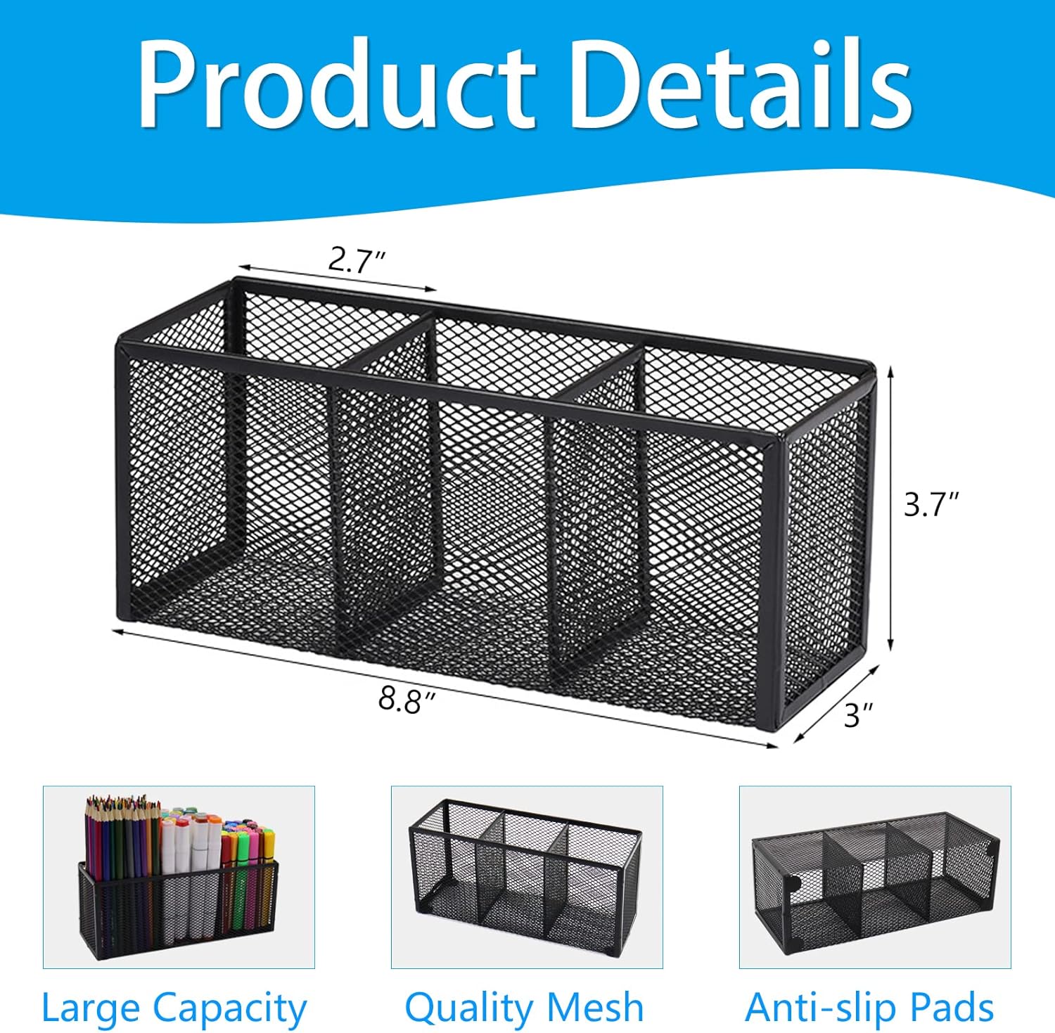 Black Mesh Pen Pencil Holder,Small Metal Desk Organizer 3 Grids
