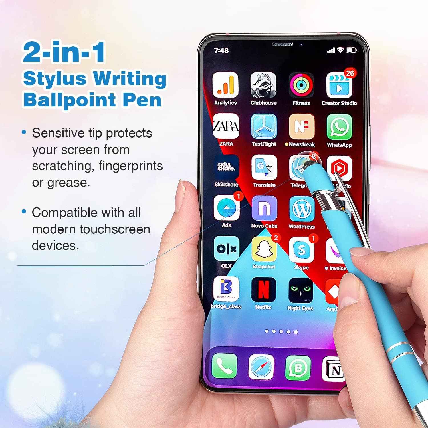 2-in-1 Stylus Retractable Ballpoint Pen with Stylus Tip,1.0mm Black Ink - TTpen