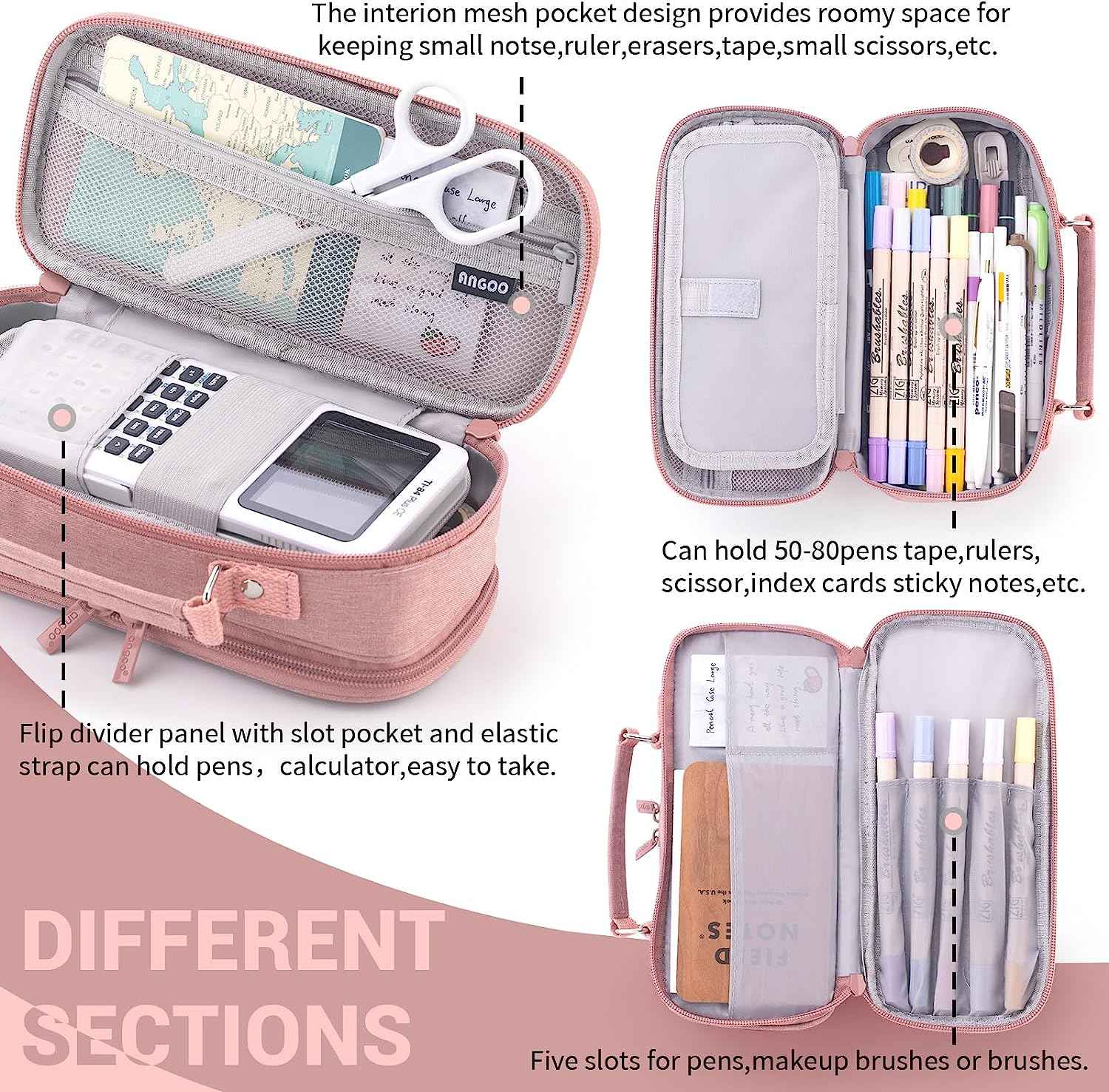 HVOMO Large capacity pencil case Pencil Pouch Double Zipper Storage Bag 3 Compartments Portable Multifunctional bag Desk Organizer School Marker Pen Casey(Dark Pink) - TTpen