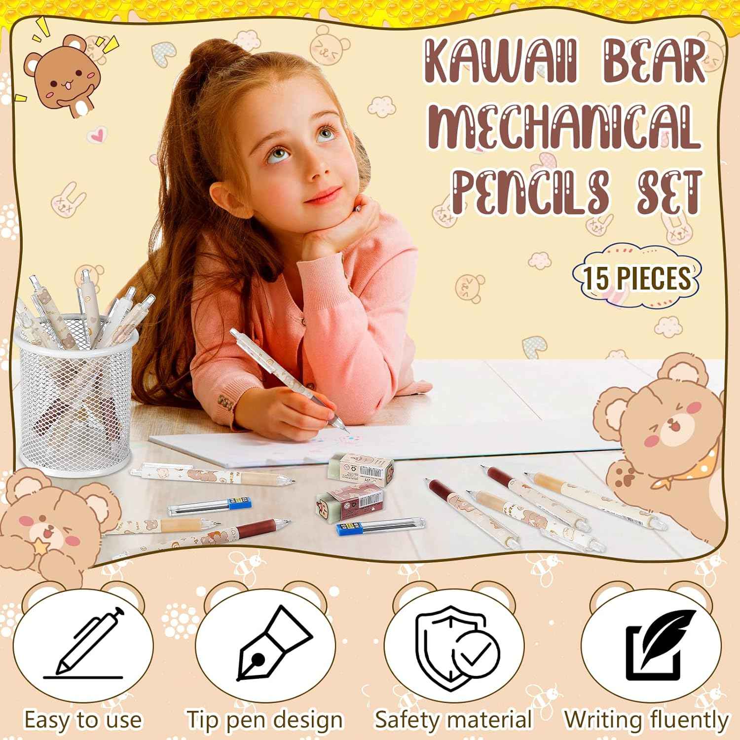 15pcs Bear Mechanical Pencils with 0.5mm Pencil Refills and Erasers - TTpen