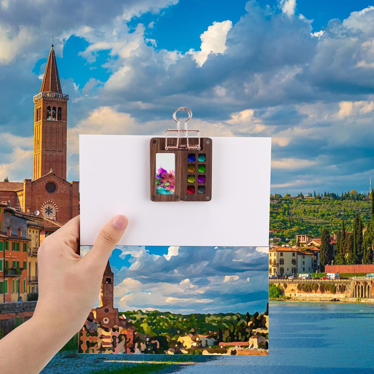 7Pcs Portable Watercolor Palette with Clip Sketchbook Paint Brushes