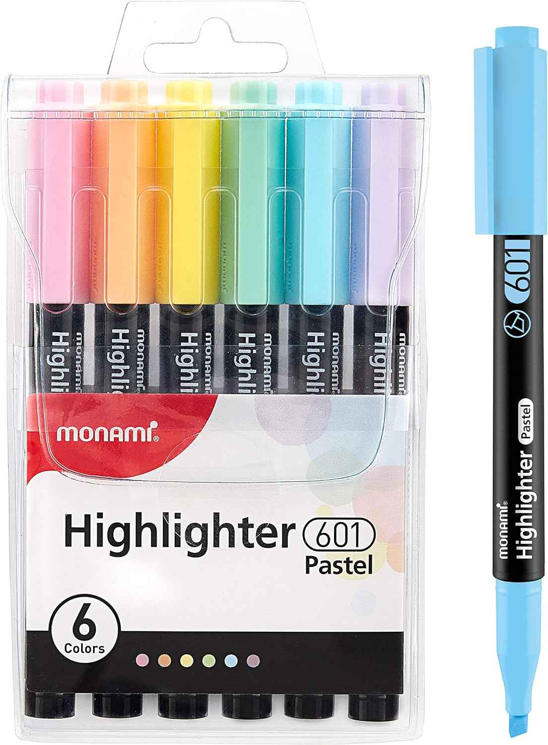 MONAMI Highlighter 601 Pastel,Chisel Tip,Assorted Colors,6-Pack - TTpen