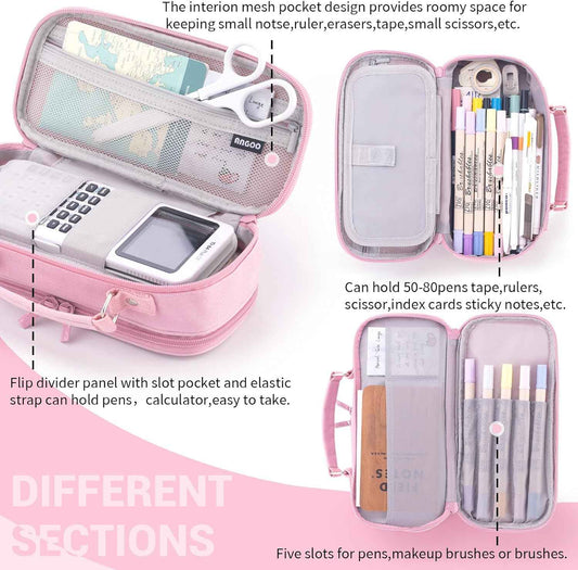 HVOMO Large capacity pencil case Pencil Pouch Double Zipper Storage Bag 3 Compartments Portable Multifunctional bag Desk Organizer School Marker Pen Casey(Dark Pink) - TTpen