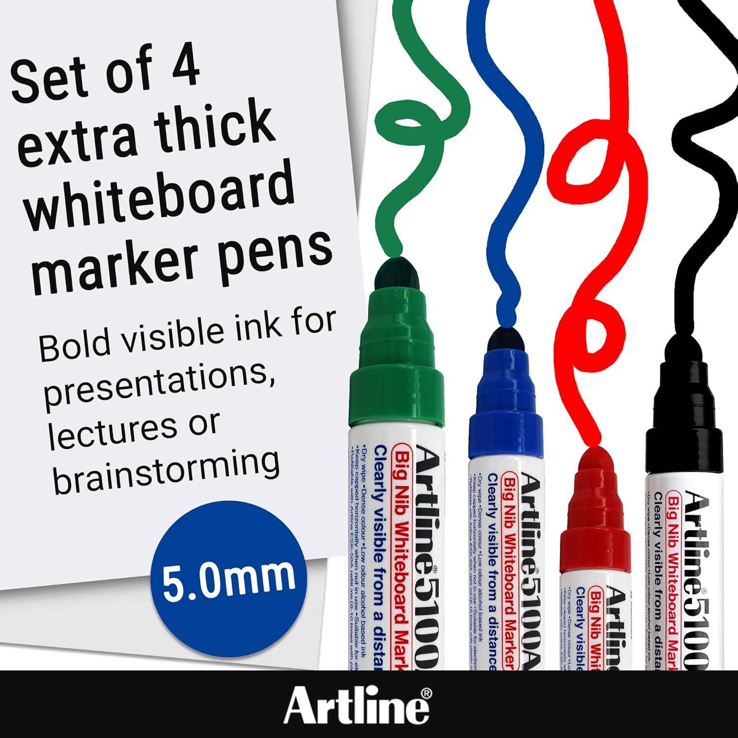 Artline 5100A Big Nib Whiteboard Markers - 5.0mm Bullet Tip - 4 Pack