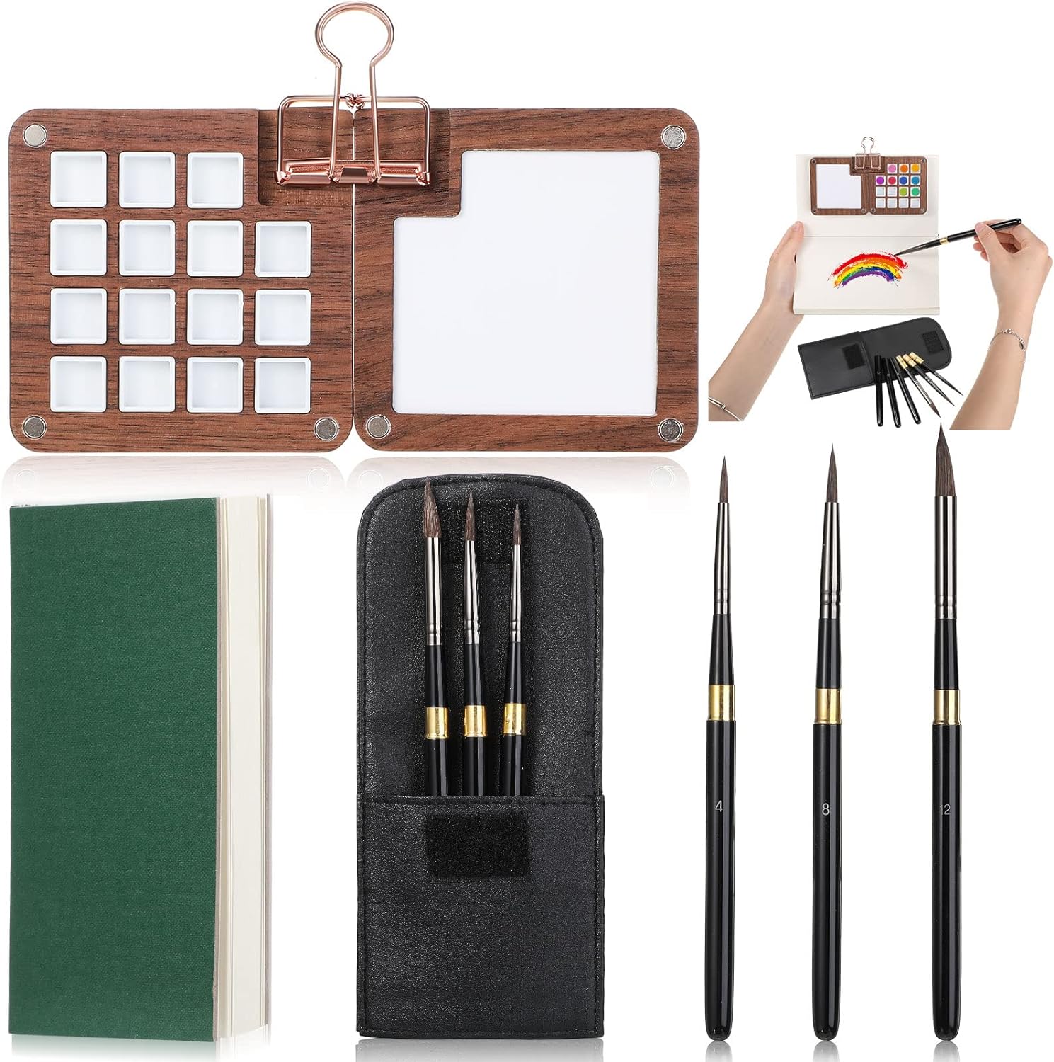 7Pcs Portable Watercolor Palette with Clip Sketchbook Paint Brushes 15 Color