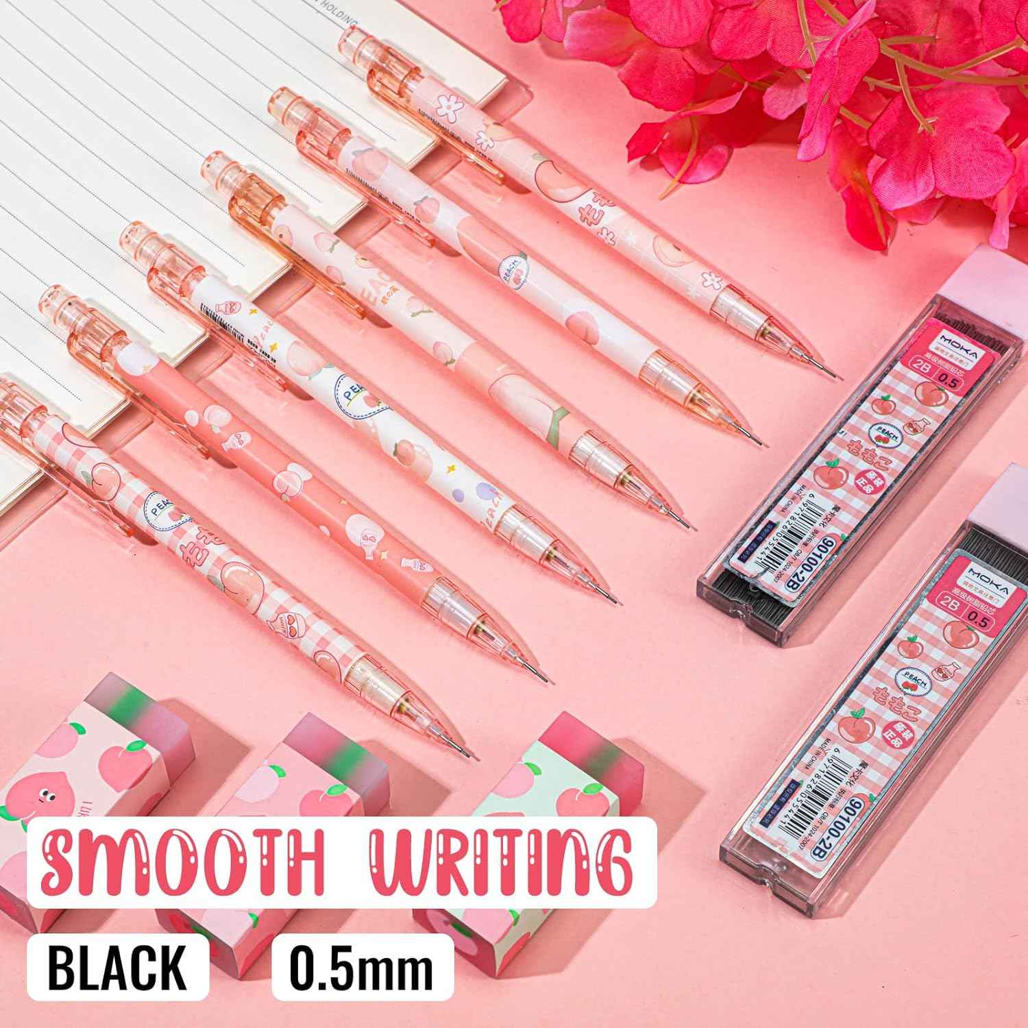15pcs Peach Mechanical Pencils with 0.5mm Pencil Refills and Erasers - TTpen