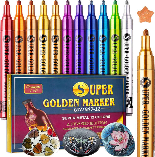 12 Colors Super Golden Metallic Marker Paint Pen Set 2-3mm Fiber Tip - TTpen