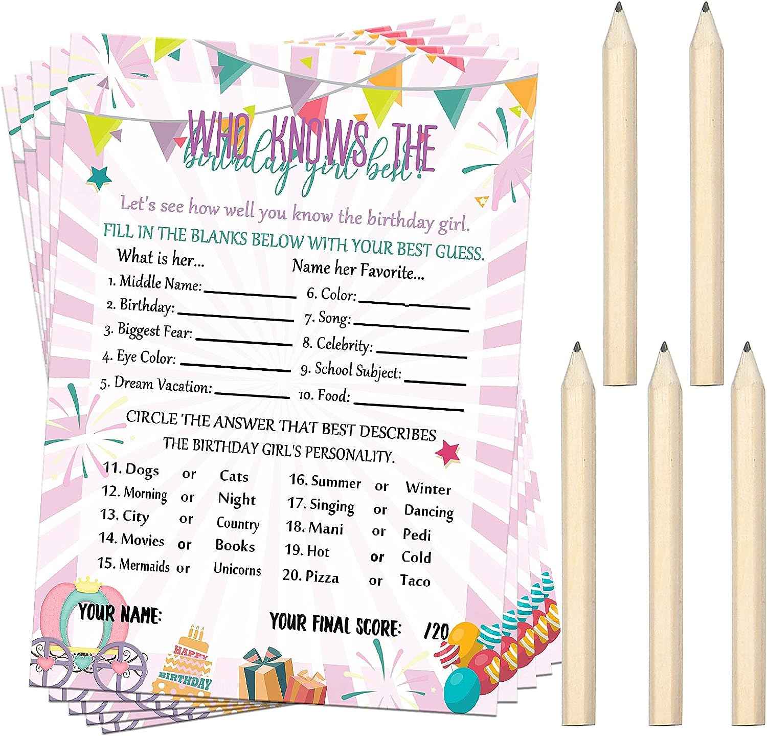 50 Pcs Birthday Party Activity Game Card Set with 20 Pcs Wood Pencils - TTpen