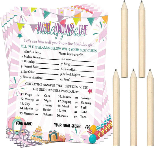50 Pcs Birthday Party Activity Game Card Set with 20 Pcs Wood Pencils - TTpen