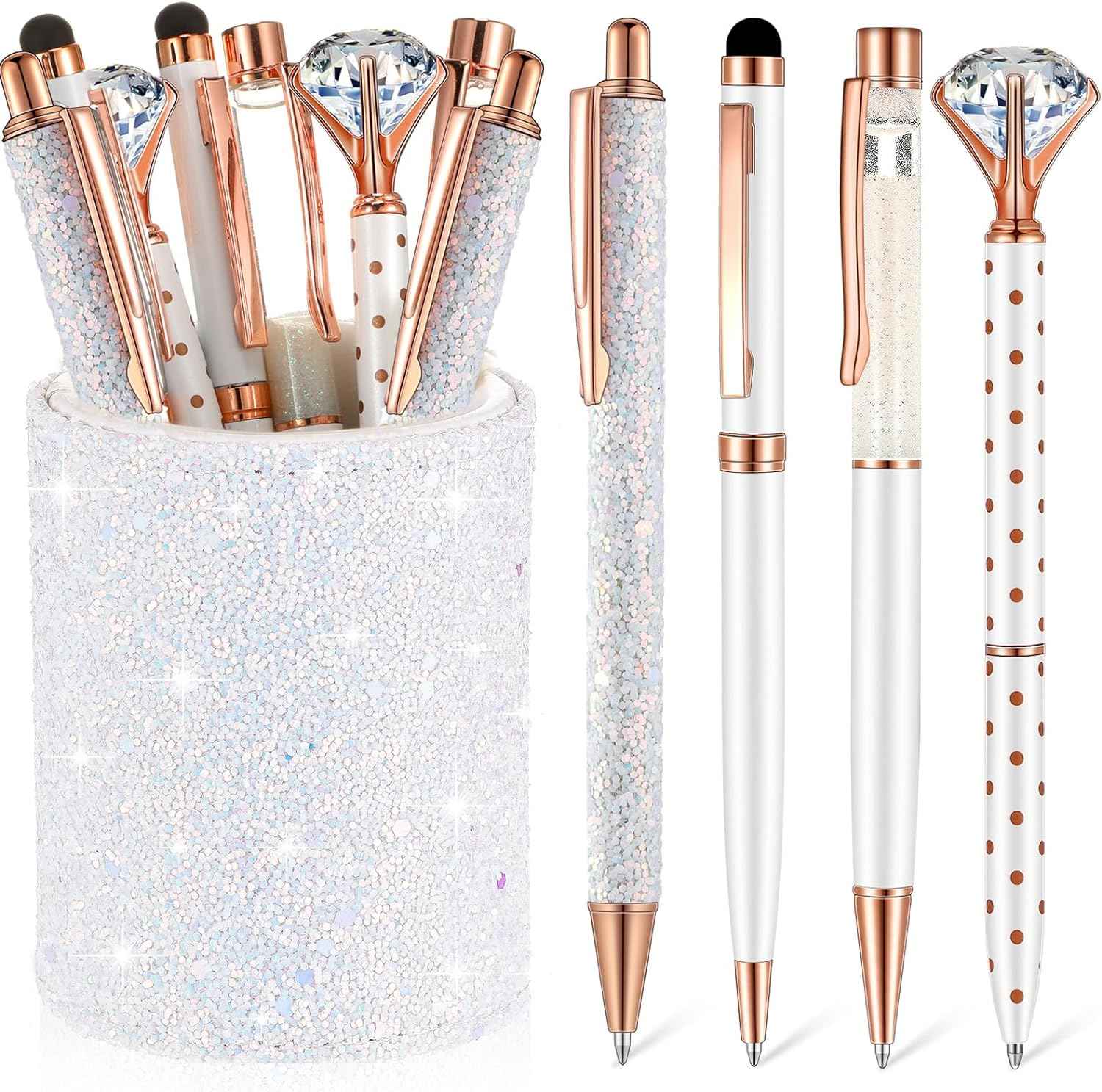 8Pcs Crystal Glitter Ballpoint Pens with Pen Holder for Desk Organizer - TTpen
