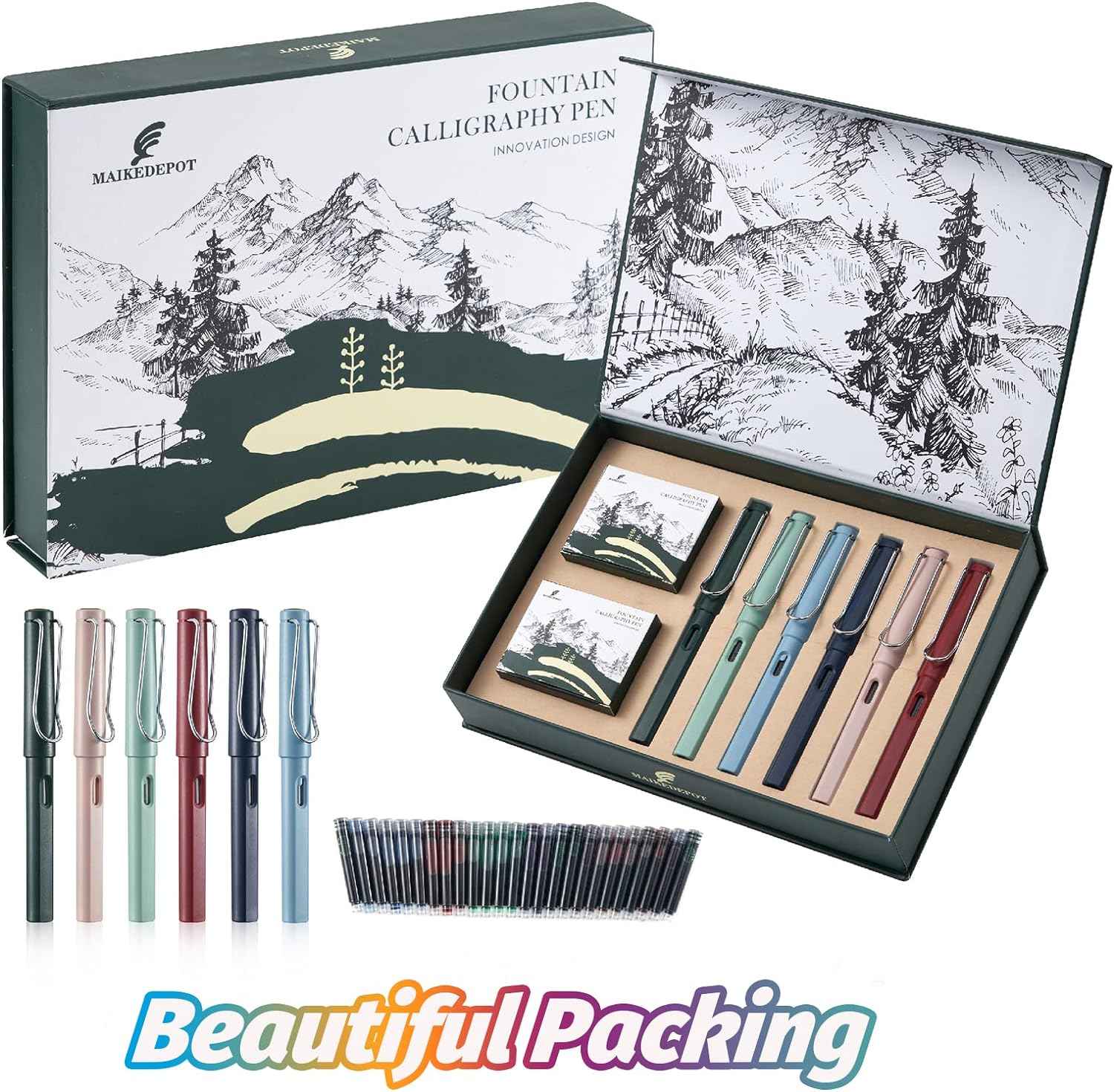Maikedepot 6PCS Fountain Calligraphy Brush Pens with 48 Ink Cartridges - TTpen