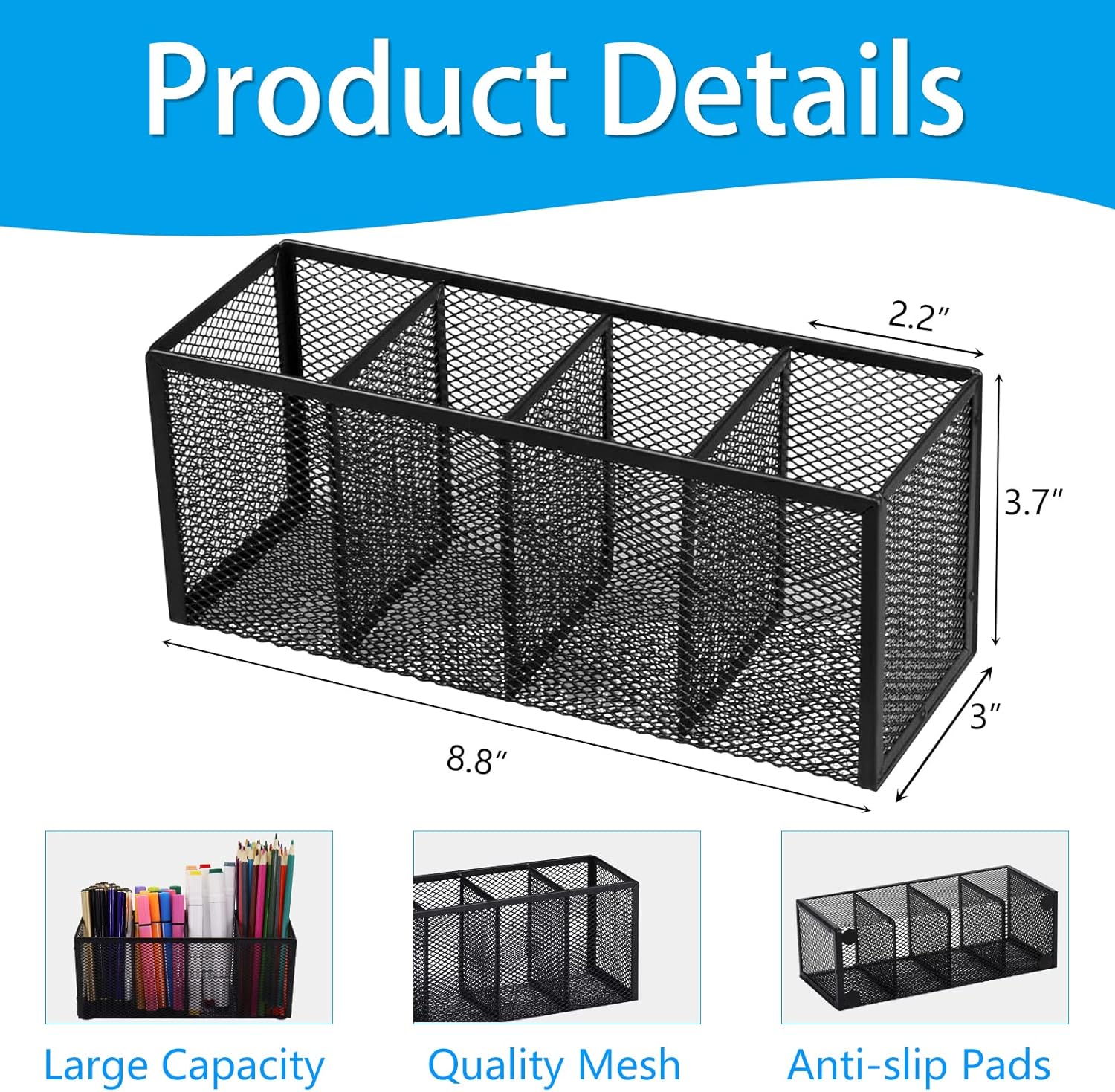 Black Mesh Pen Pencil Holder,Small Metal Desk Organizer 4 Grids