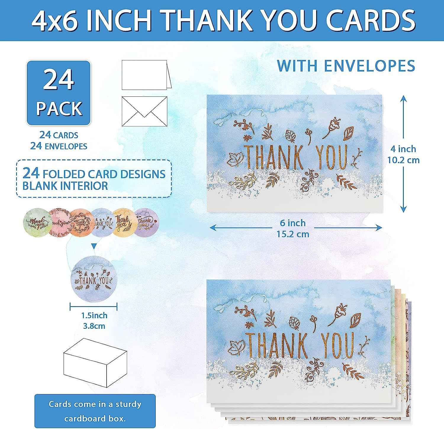 72 Pieces Watercolor Thank You Cards with Envelopes and Stickers Set - TTpen