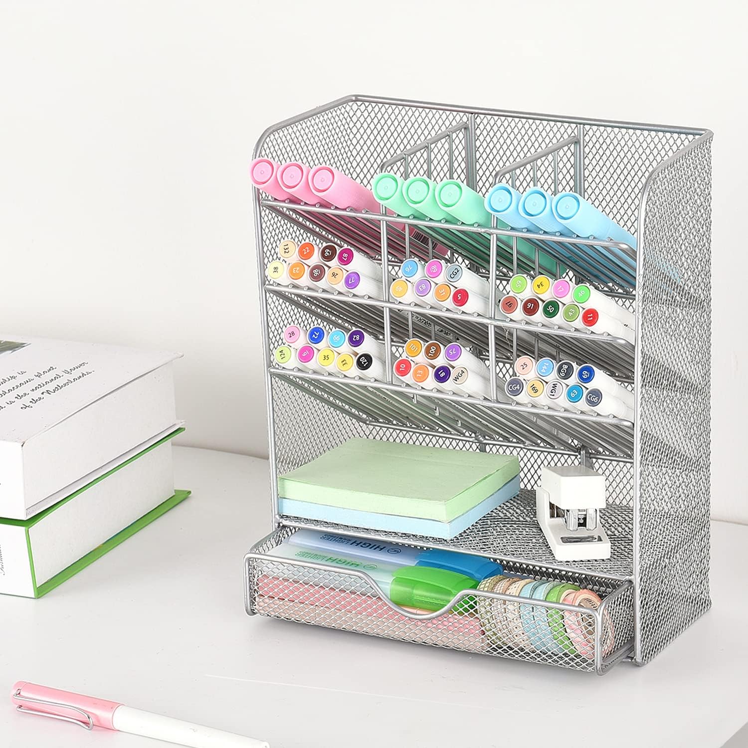 Metal Pen Holder Desk Organizer with 10 Compartments and 1 Drawer Silver
