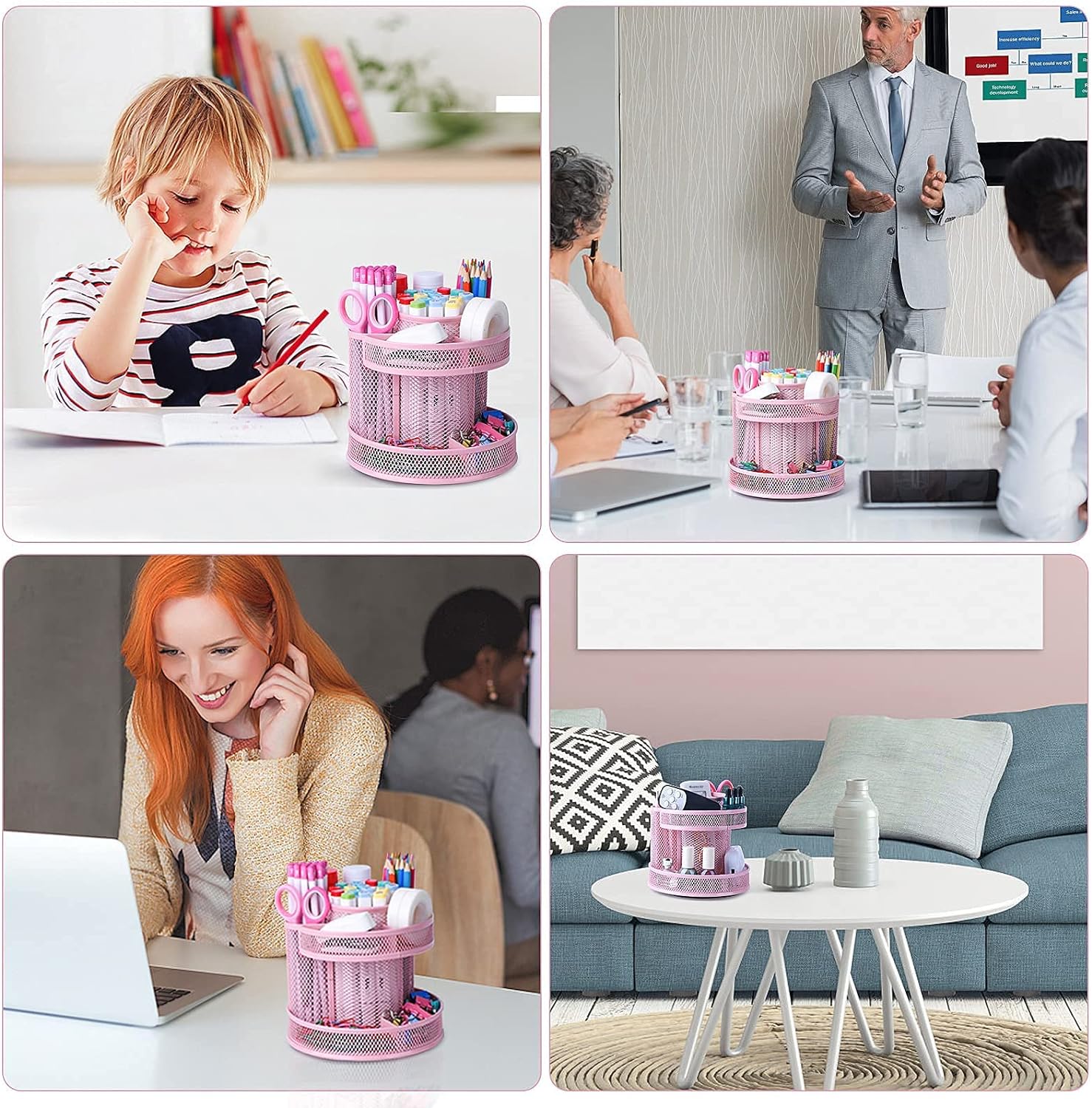 Pink Kawaii Desk Pen Pencil Organizer 360 Revolving