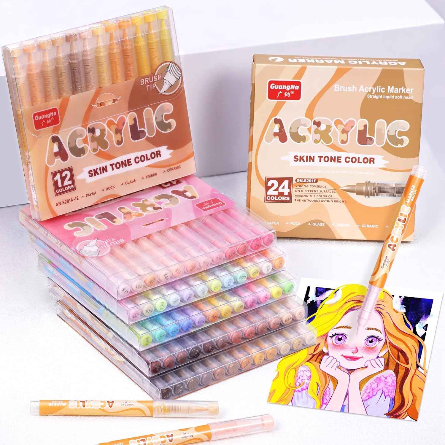Guangna 8201 Acrylic Paint Markers 12 Skin Tone Colors Soft Brush Tip