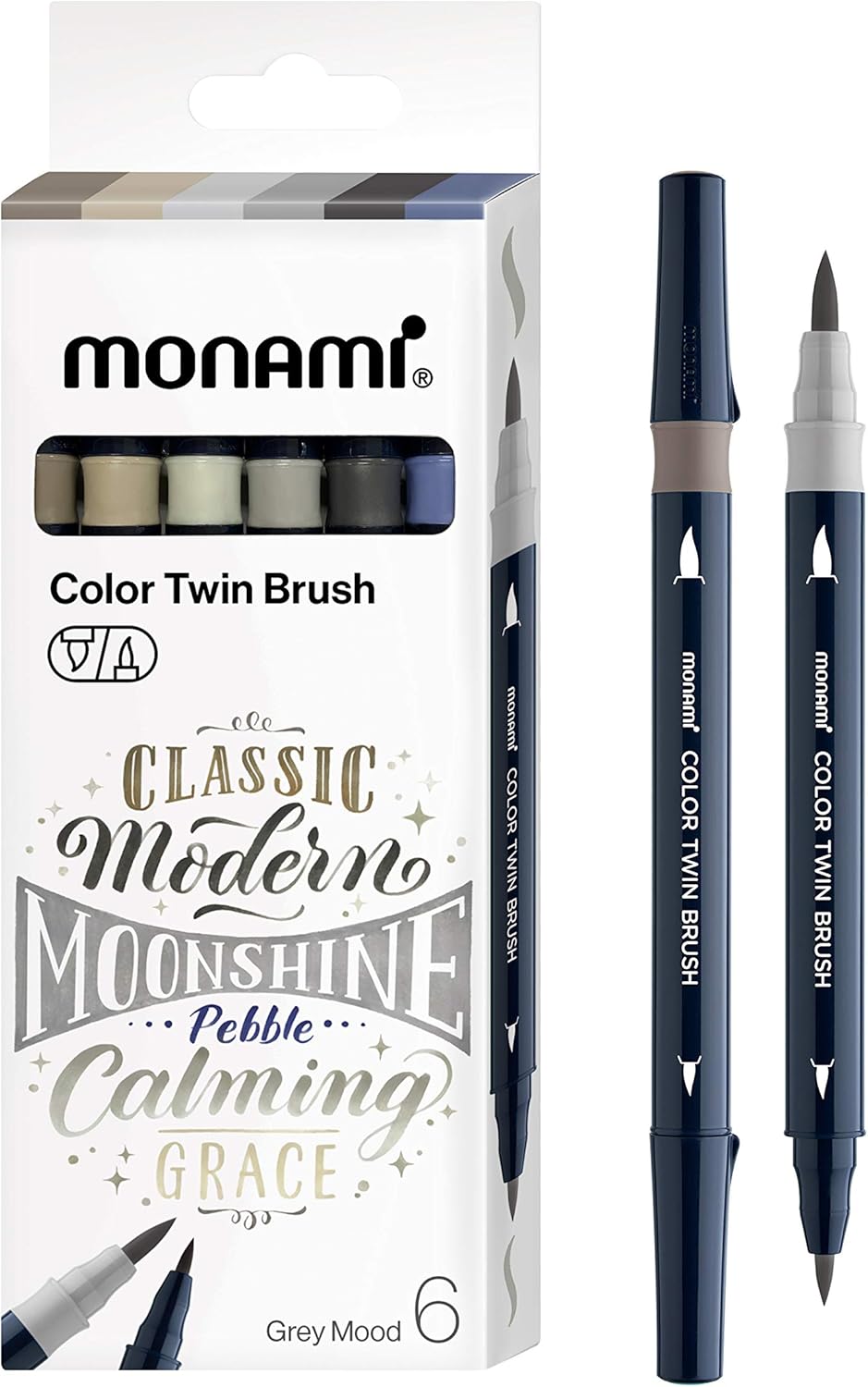 MONAMI Color Twin Brush Marker Pens,Grey Mood 6-Pack