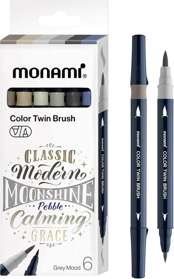 MONAMI Color Twin Brush Marker Pens,Grey Mood 6-Pack