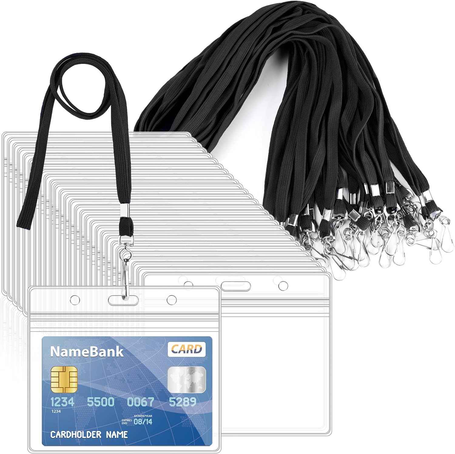 50Pcs Plastic Horizontal Badge Holders and 50Pcs Black Neck Lanyards - TTpen