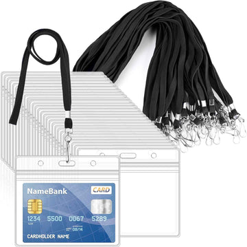 50Pcs Plastic Horizontal Badge Holders and 50Pcs Black Neck Lanyards - TTpen