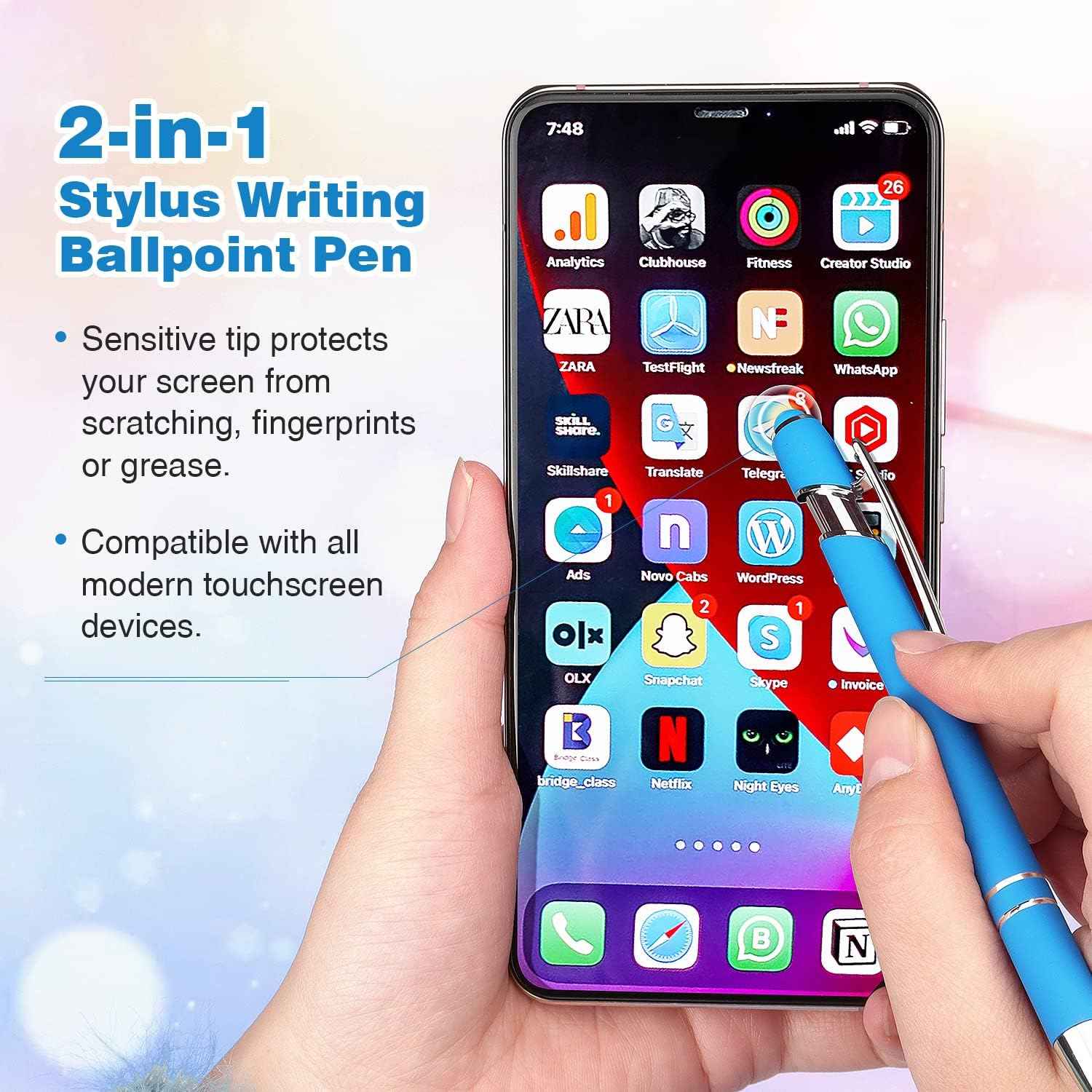 2-in-1 Stylus Retractable Ballpoint Pen with Stylus Tip,1.0mm Black Ink - TTpen