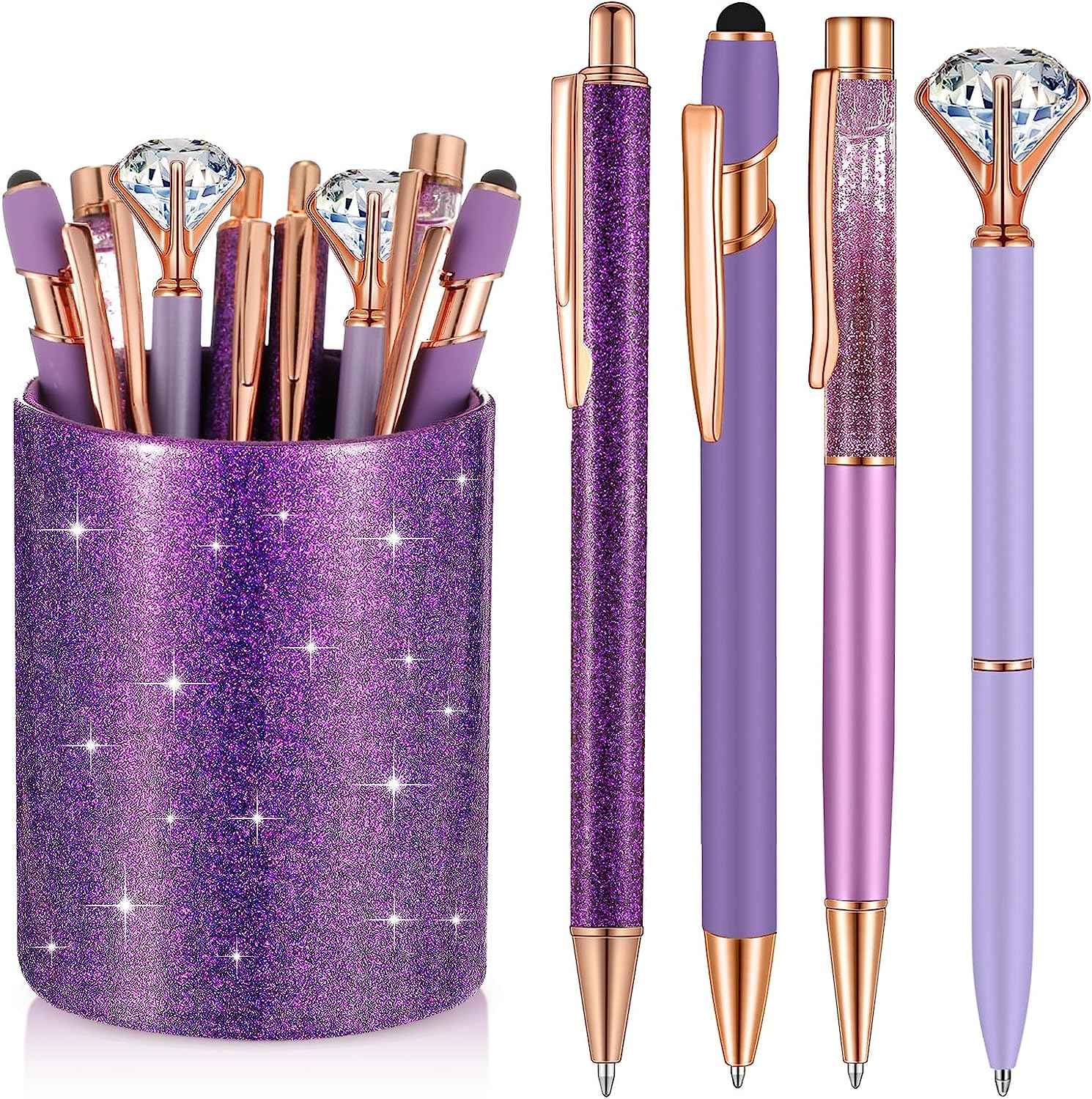 8Pcs Crystal Glitter Ballpoint Pens with Pen Holder for Desk Organizer - TTpen