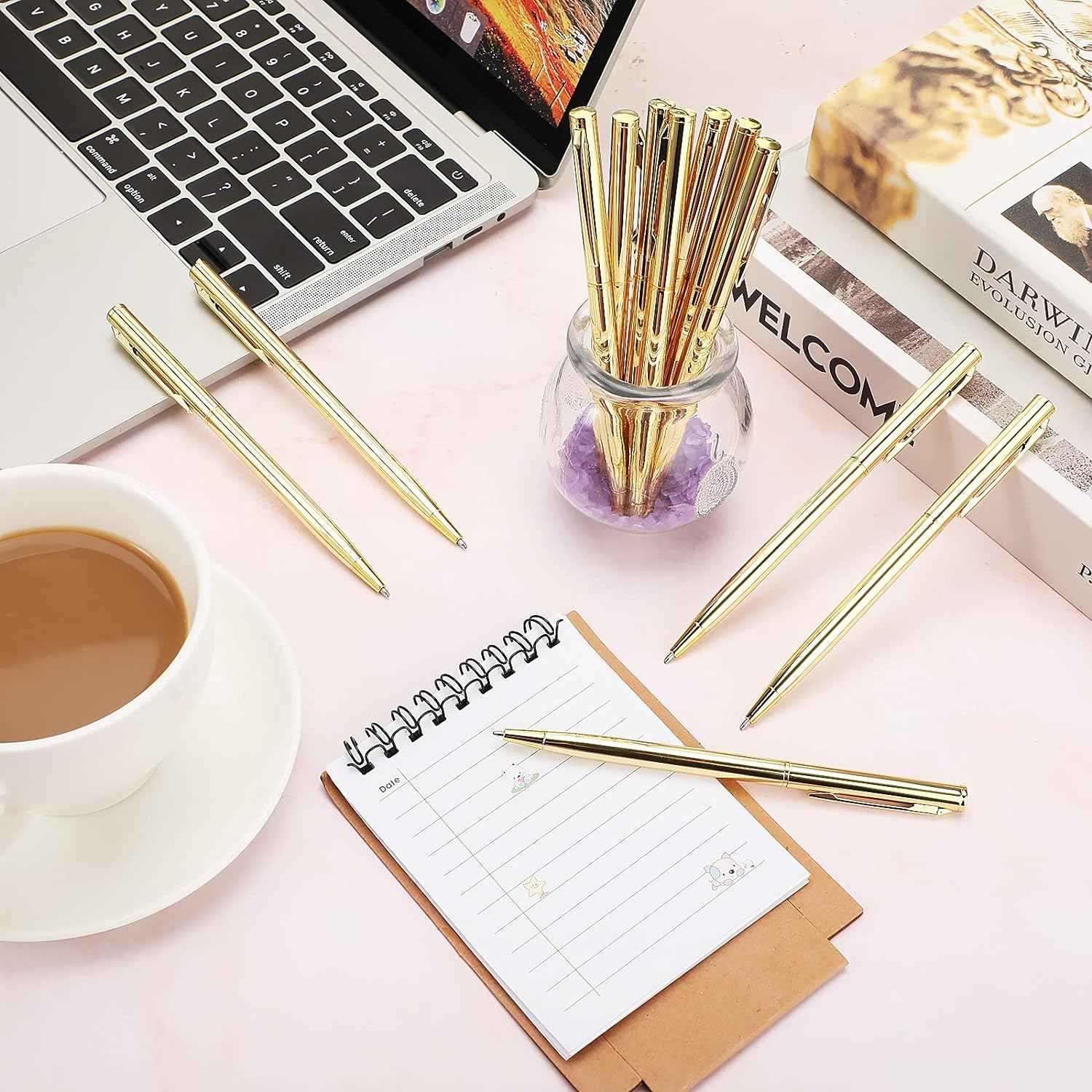 Gold Slim Metal Retractable Ballpoint Pens Black Ink 1mm 15 Pack - TTpen