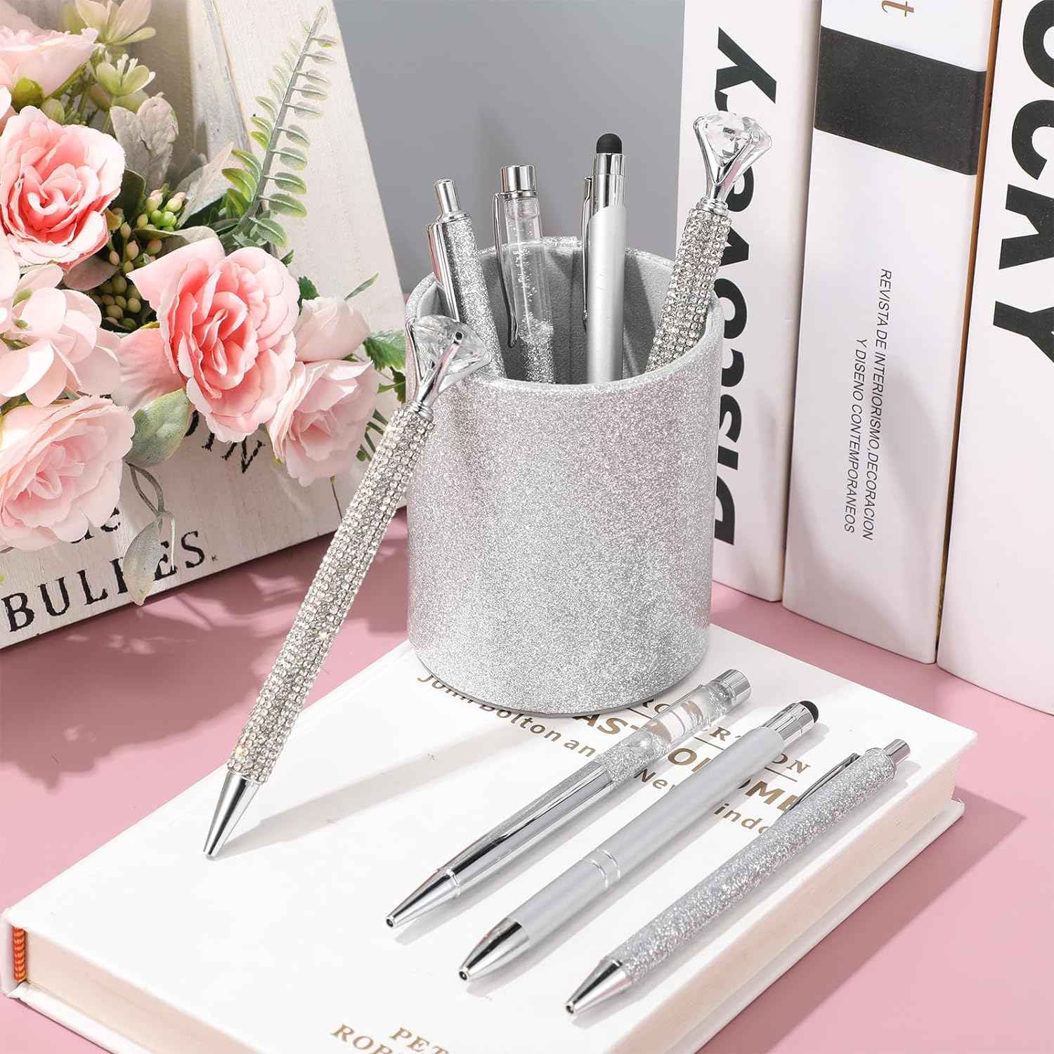 8Pcs Crystal Glitter Ballpoint Pens with Pen Holder for Desk Organizer - TTpen