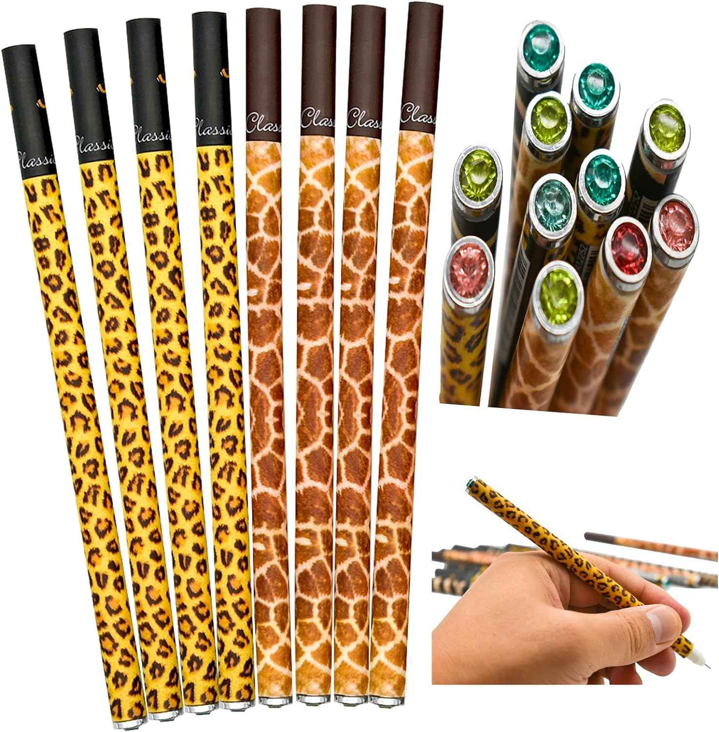 12PCS Leopard Print Giraffe Pattern Gel Pens Diamond Black Ink 0.38mm Extra Fine - TTpen