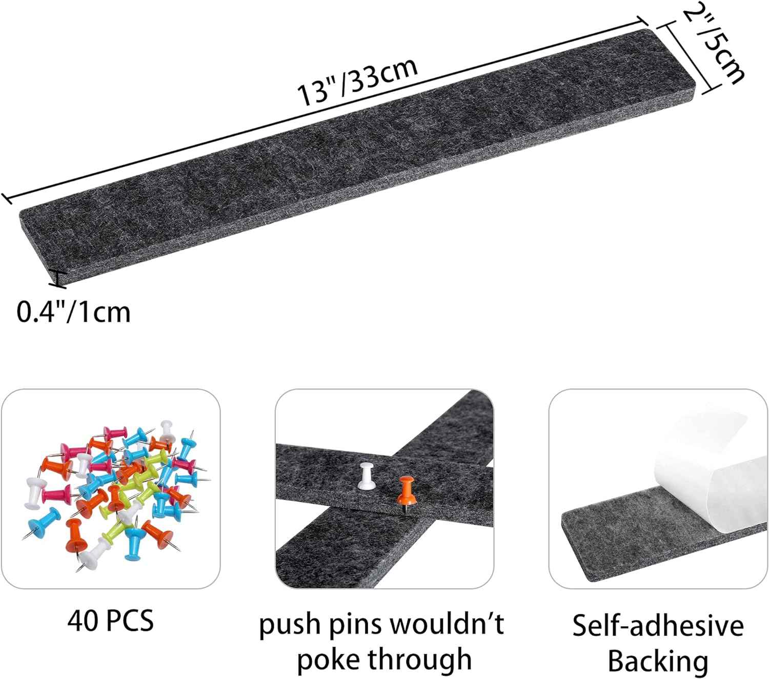 Felt Self-Adhesive Bulletin Board Bar Strips with 40 Push Pins 8 Pack - TTpen