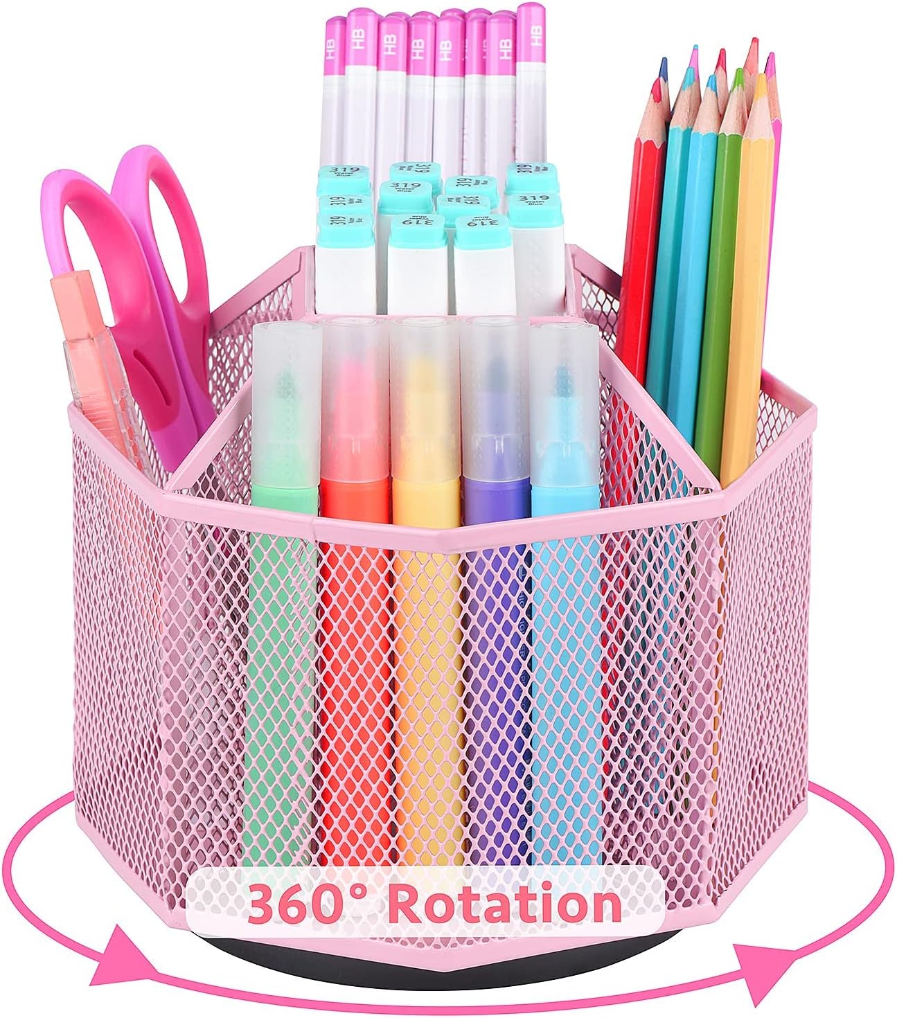 5 Compartments Metal Desk Pen Pencil Organizer Pink