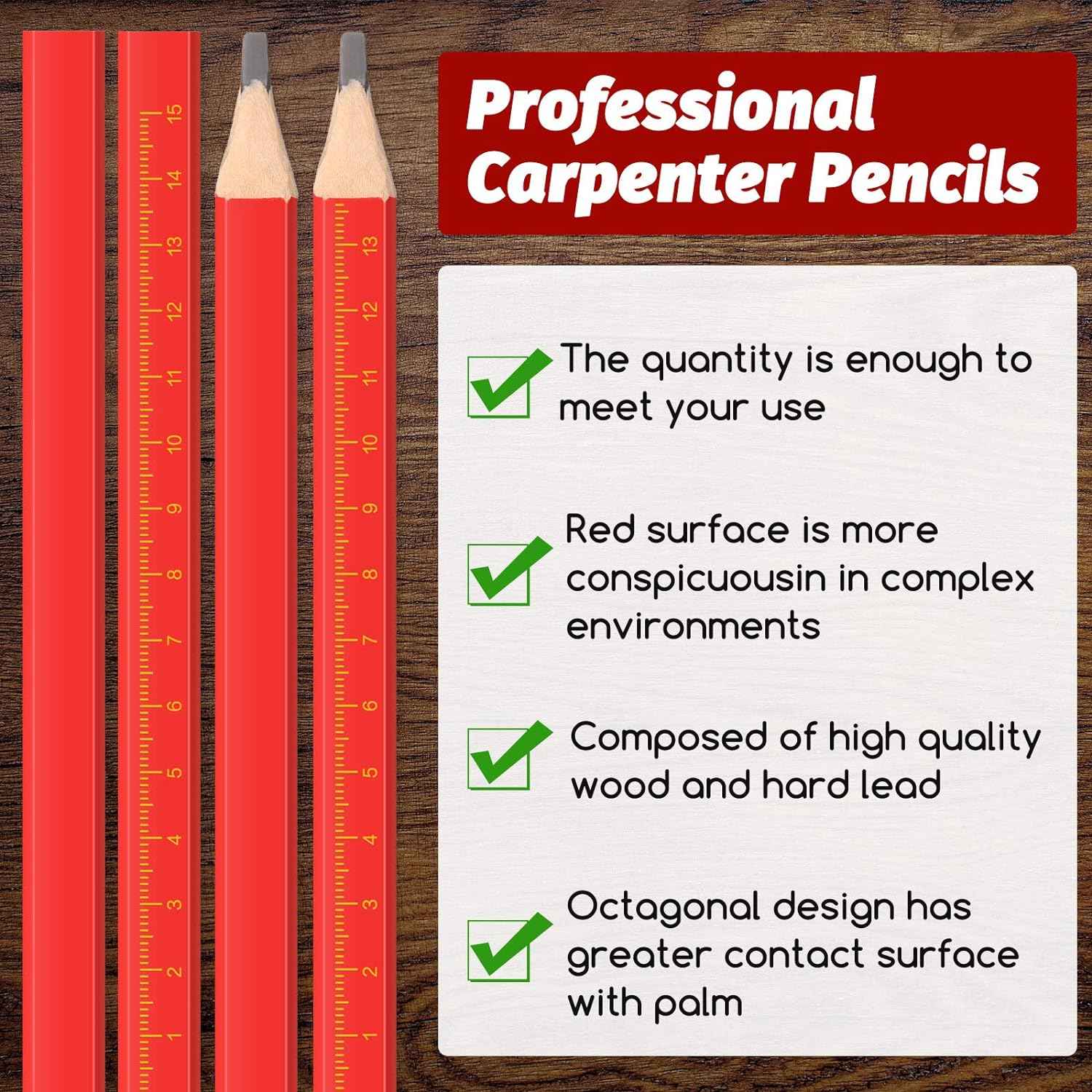 100 Pieces Octagonal Red Hard Black Carpenter Construction Pencils - TTpen
