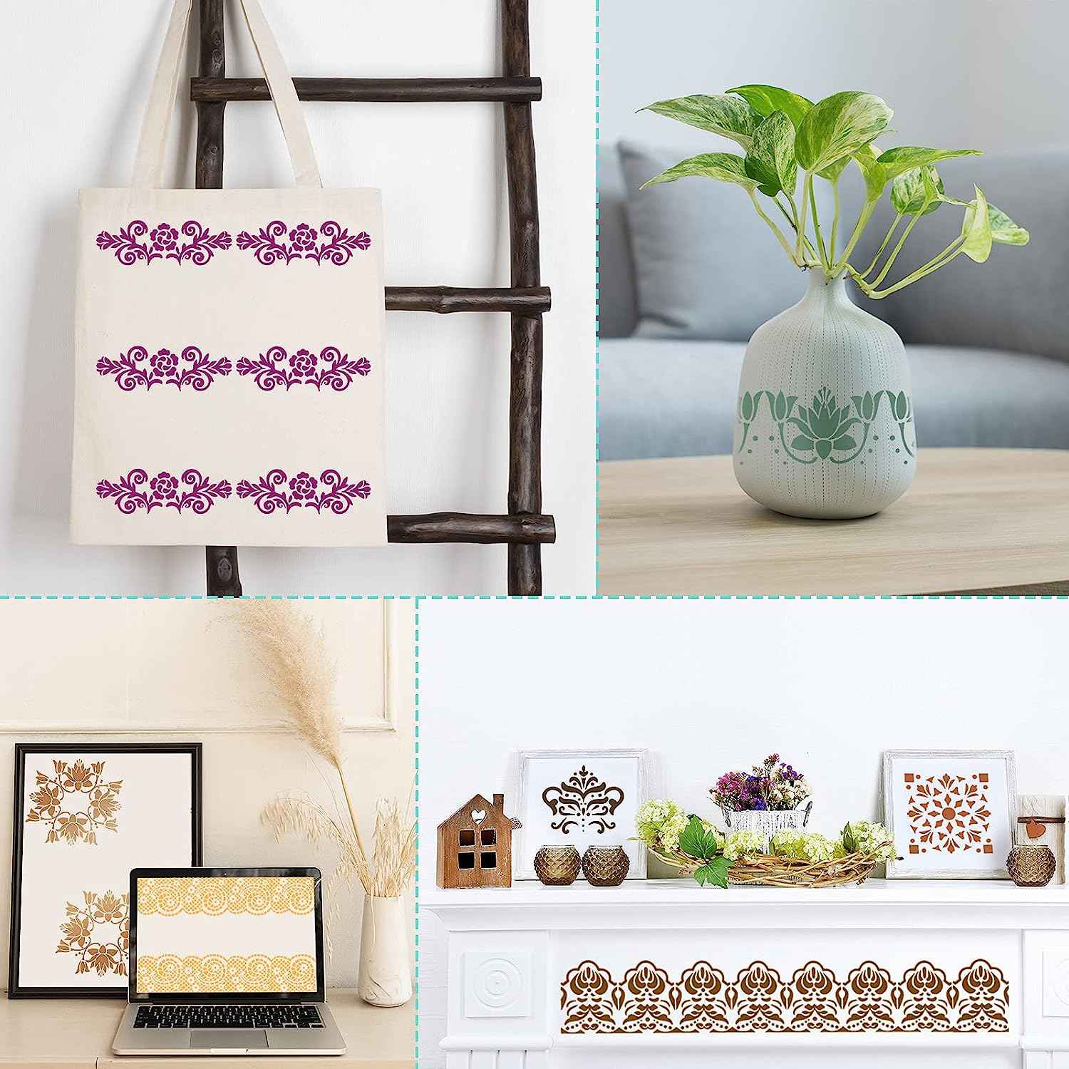 8 Pieces Ornate Border Stencil Flower Template DIY Art and Craft - TTpen