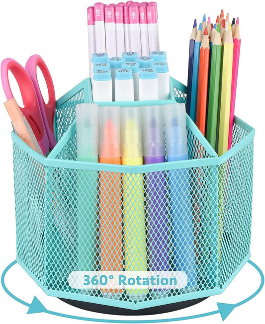 5 Compartments Metal Desk Pen Pencil Organizer Aqua