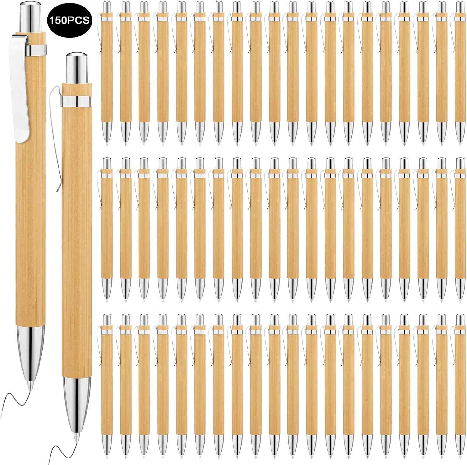 150Pcs Bamboo Ballpoint Pens Wooden Retractable Ballpoint Pen Bamboo Black Ink 1mm Pen Wood Sustainable Pens for Men Women Employee Writing Signature Journaling Home Office School - TTpen