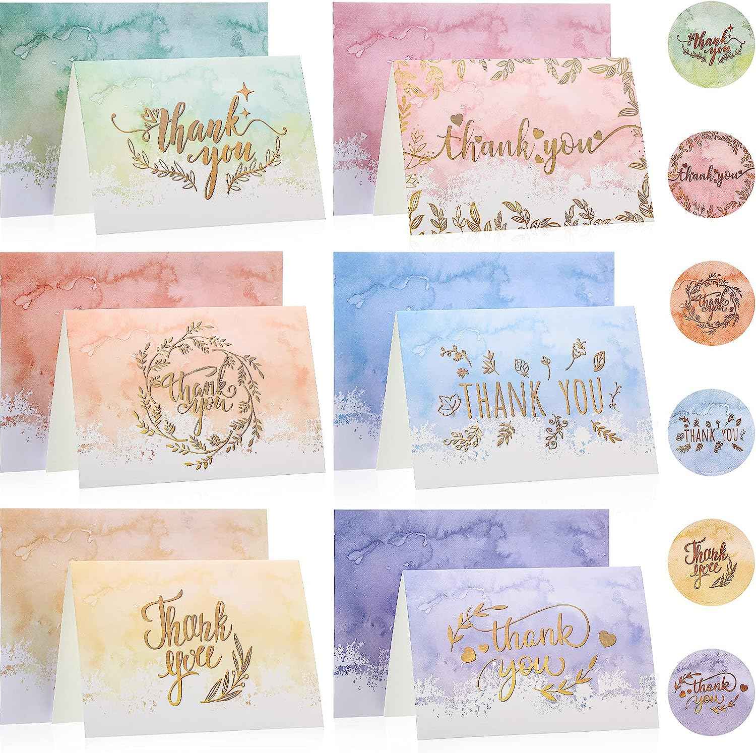72 Pieces Watercolor Thank You Cards with Envelopes and Stickers Set - TTpen